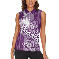 Tonga Kupesi Ngatu Women Sleeveless Polo Shirt Vintage Purple Plumeria