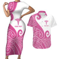 Personalised New Zealand Nurse Couples Matching Short Sleeve Bodycon Dress and Hawaiian Shirt Maori Koru Pink Version LT05 Pink - Polynesian Pride