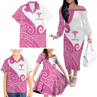 Personalised New Zealand Nurse Family Matching Off The Shoulder Long Sleeve Dress and Hawaiian Shirt Maori Koru Pink Version LT05 - Polynesian Pride