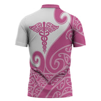 Personalised New Zealand Nurse Zipper Polo Shirt Maori Koru Pink Version