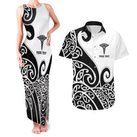 Personalised New Zealand Nurse Couples Matching Tank Maxi Dress and Hawaiian Shirt Maori Koru Black Version