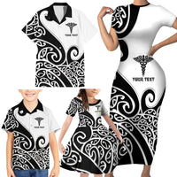 Personalised New Zealand Nurse Family Matching Short Sleeve Bodycon Dress and Hawaiian Shirt Maori Koru Black Version LT05 - Polynesian Pride