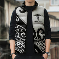 Personalised New Zealand Nurse Sleeveless Puffer Jacket Maori Koru Black Version