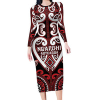 Custom Aotearoa Ngapuhi Family Matching Long Sleeve Bodycon Dress and Hawaiian Shirt Maori Tribal Pattern LT05 Mom's Dress Red - Polynesian Pride