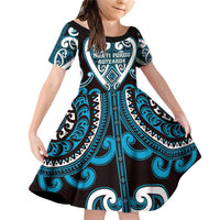 Custom Aotearoa Ngati Porou Family Matching Off Shoulder Short Dress and Hawaiian Shirt Maori Tribal Pattern LT05 Daughter's Dress Blue - Polynesian Pride