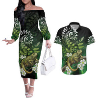 Aotearoa New Zealand Tuatara Couples Matching Off The Shoulder Long Sleeve Dress and Hawaiian Shirt Maori Koru Art LT05 Green - Polynesian Pride