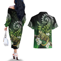 Aotearoa New Zealand Tuatara Couples Matching Off The Shoulder Long Sleeve Dress and Hawaiian Shirt Maori Koru Art LT05 - Polynesian Pride