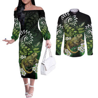 Aotearoa New Zealand Tuatara Couples Matching Off The Shoulder Long Sleeve Dress and Long Sleeve Button Shirt Maori Koru Art LT05 Green - Polynesian Pride