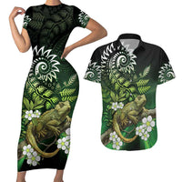 Aotearoa New Zealand Tuatara Couples Matching Short Sleeve Bodycon Dress and Hawaiian Shirt Maori Koru Art LT05 Green - Polynesian Pride