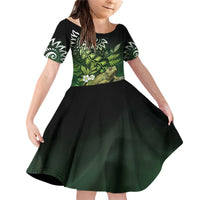 Aotearoa New Zealand Tuatara Family Matching Off Shoulder Short Dress and Hawaiian Shirt Maori Koru Art LT05 Daughter's Dress Green - Polynesian Pride
