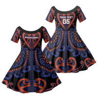 Custom Aotearoa Whakatohea Family Matching Off Shoulder Short Dress and Hawaiian Shirt Maori Tribal Pattern LT05 Daughter's Dress Navy - Polynesian Pride