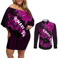Personalized Hawaii Maui Couples Matching Off Shoulder Short Dress and Long Sleeve Button Shirts Polynesian Fish Hook Hibiscus Pink Version LT05 Pink - Polynesian Pride