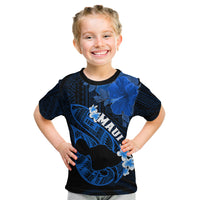 Personalized Hawaii Maui Kid T Shirt Polynesian Fish Hook Hibiscus Blue Version LT05 Blue - Polynesian Pride