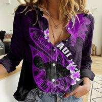Personalized Hawaii Maui Women Casual Shirt Polynesian Fish Hook Hibiscus Purple Version LT05 Female Purple - Polynesian Pride