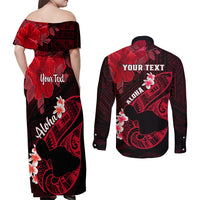 Personalized Hawaii Maui Couples Matching Off Shoulder Maxi Dress and Long Sleeve Button Shirts Polynesian Fish Hook Hibiscus Red Version LT05 - Polynesian Pride