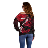 Personalized Hawaii Maui Off Shoulder Sweater Polynesian Fish Hook Hibiscus Red Version LT05 - Polynesian Pride