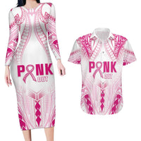 Breast Cancer Pink Out Couples Matching Long Sleeve Bodycon Dress and Hawaiian Shirt Polynesian Art Tattoo White Version LT05 White - Polynesian Pride