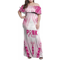 Breast Cancer Pink Out Family Matching Off Shoulder Maxi Dress and Hawaiian Shirt Polynesian Art Tattoo White Version LT05 Mom's Dress White - Polynesian Pride
