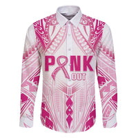 Breast Cancer Pink Out Family Matching Off Shoulder Short Dress and Hawaiian Shirt Polynesian Art Tattoo White Version LT05 Dad's Shirt - Long Sleeve White - Polynesian Pride