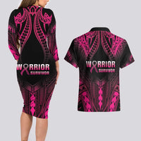 Breast Cancer Pink Out Couples Matching Long Sleeve Bodycon Dress and Hawaiian Shirt Polynesian Art Tattoo Black Version LT05 - Polynesian Pride
