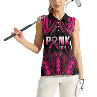Breast Cancer Pink Out Women Sleeveless Polo Shirt Polynesian Art Tattoo Black Version