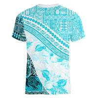 Hawaiian Tapa Women V Neck T Shirt Traditional Vintage Pattern Aqua LT05 - Polynesian Pride