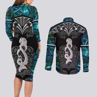 New Zealand Aotearoa Couples Matching Long Sleeve Bodycon Dress and Long Sleeve Button Shirt Maori Taniwha Paua Shell LT05 - Polynesian Pride