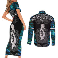New Zealand Aotearoa Couples Matching Short Sleeve Bodycon Dress and Long Sleeve Button Shirt Maori Taniwha Paua Shell LT05 - Polynesian Pride