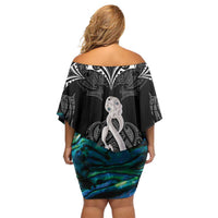 New Zealand Aotearoa Family Matching Off Shoulder Short Dress and Hawaiian Shirt Maori Taniwha Paua Shell LT05 - Polynesian Pride