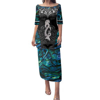 New Zealand Aotearoa Family Matching Puletasi and Hawaiian Shirt Maori Taniwha Paua Shell LT05 Mom's Dress Black - Polynesian Pride