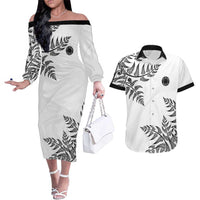 Custom New Zealand Football Couples Matching Off The Shoulder Long Sleeve Dress and Hawaiian Shirt Aotearoa Pride LT05 White - Polynesian Pride