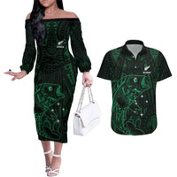 Custom New Zealand Fishing Couples Matching Off The Shoulder Long Sleeve Dress and Hawaiian Shirt Maori Tribal Pattern LT05 Black - Polynesian Pride