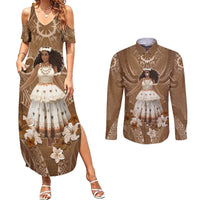 Bula Fiji Women's Day Couples Matching Summer Maxi Dress and Long Sleeve Button Shirt With Fijian Tapa Pattern LT05 Brown - Polynesian Pride