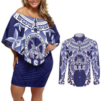 Personalised Tonga Queen Salote College Couples Matching Off Shoulder Short Dress and Long Sleeve Button Shirt Centenary Navy Version