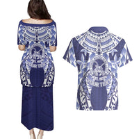 Personalised Tonga Queen Salote College Couples Matching Puletasi and Hawaiian Shirt Centenary Navy Version