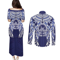 Personalised Tonga Queen Salote College Couples Matching Puletasi and Long Sleeve Button Shirt Centenary Navy Version