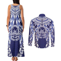 Personalised Tonga Queen Salote College Couples Matching Tank Maxi Dress and Long Sleeve Button Shirt Centenary Navy Version