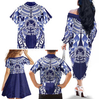 Personalised Tonga Queen Salote College Family Matching Off The Shoulder Long Sleeve Dress and Hawaiian Shirt Centenary Navy Version