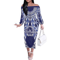 Personalised Tonga Queen Salote College Family Matching Off The Shoulder Long Sleeve Dress and Hawaiian Shirt Centenary Navy Version