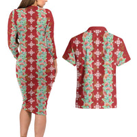 Hawaii Ohia Lehua Couples Matching Long Sleeve Bodycon Dress and Hawaiian Shirt Tropical Vibes Crimson