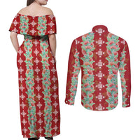 Hawaii Ohia Lehua Couples Matching Off Shoulder Maxi Dress and Long Sleeve Button Shirt Tropical Vibes Crimson