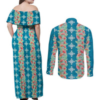 Hawaii Ohia Lehua Couples Matching Off Shoulder Maxi Dress and Long Sleeve Button Shirt Tropical Vibes Teal