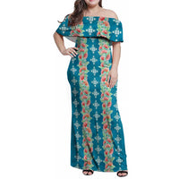 Hawaii Ohia Lehua Family Matching Off Shoulder Maxi Dress and Hawaiian Shirt Tropical Vibes Teal LT05 Mom's Dress Teal - Polynesian Pride
