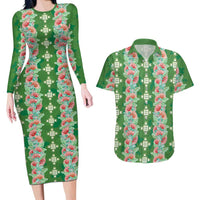 Hawaii Ohia Lehua Couples Matching Long Sleeve Bodycon Dress and Hawaiian Shirt Tropical Vibes Green LT05 Green - Polynesian Pride