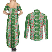 Hawaii Ohia Lehua Couples Matching Summer Maxi Dress and Long Sleeve Button Shirt Tropical Vibes Green