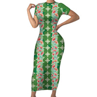 Hawaii Ohia Lehua Family Matching Short Sleeve Bodycon Dress and Hawaiian Shirt Tropical Vibes Green LT05 Mom's Dress Green - Polynesian Pride