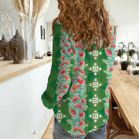 Hawaii Ohia Lehua Women Casual Shirt Tropical Vibes Green