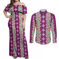 Hawaii Ohia Lehua Couples Matching Off Shoulder Maxi Dress and Long Sleeve Button Shirt Tropical Vibes Fuchsia