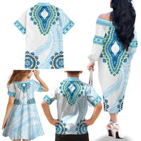 Africa Dashiki Family Matching Off Shoulder Long Sleeve Dress and Hawaiian Shirt With Polynesian Pattern Blue Version LT05 - Polynesian Pride
