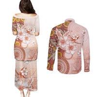 Tonga Ngatu Pattern With Light Tabasco Hibiscus Couples Matching Puletasi and Long Sleeve Button Shirt Oil Painting Style LT05 - Polynesian Pride